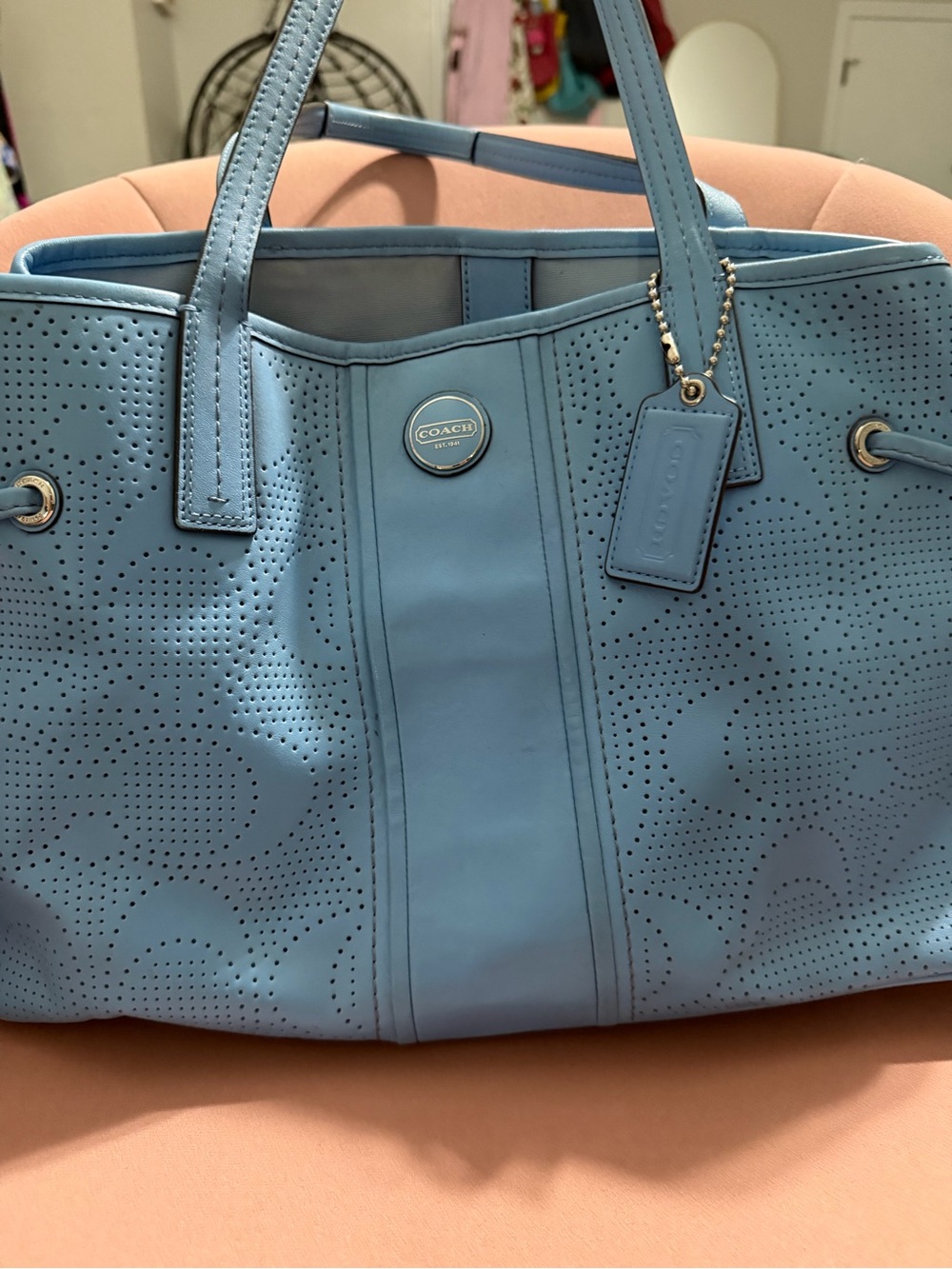 Coach Perforated Light Blue Leather Tote